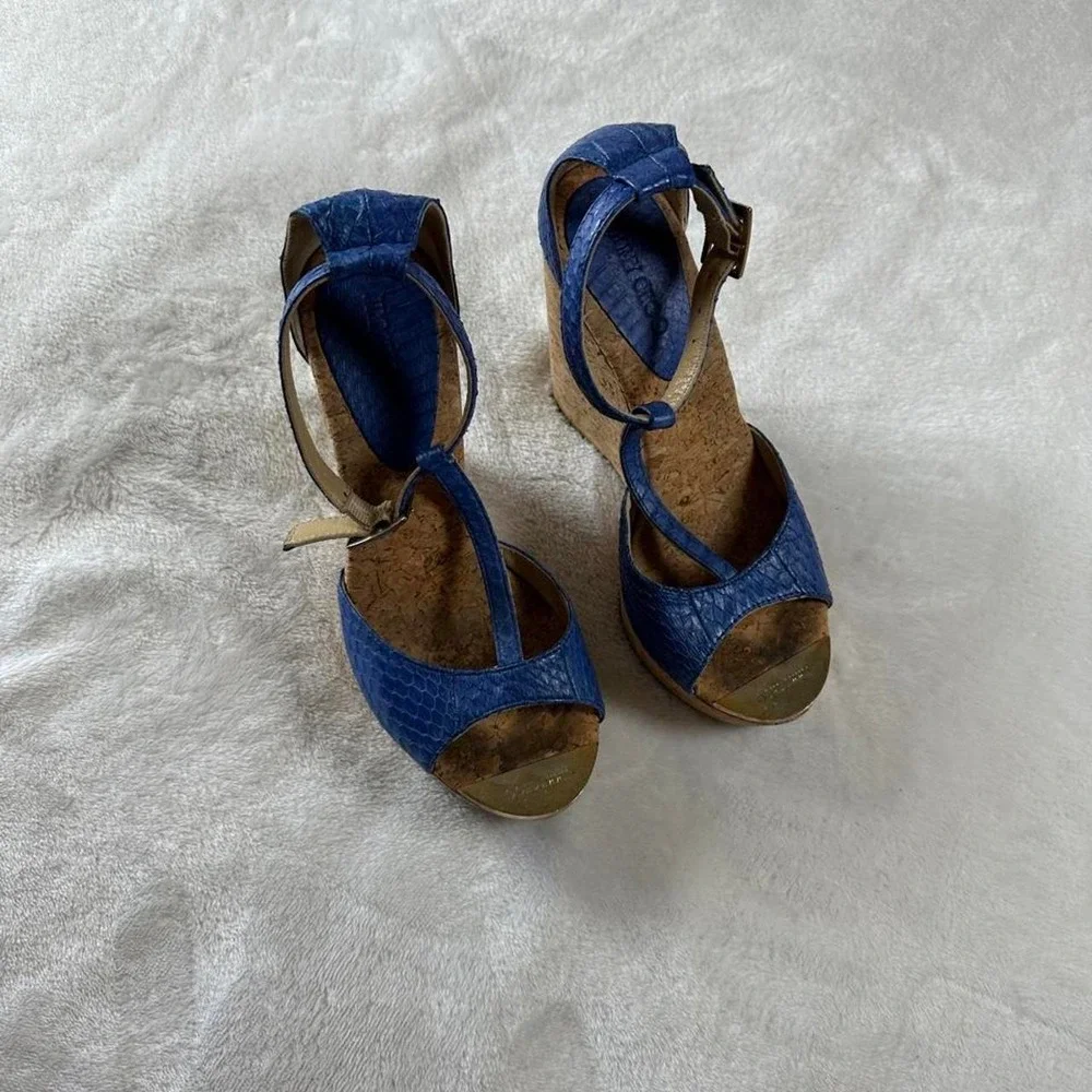 Jimmy Choo blue snake skin embossed leather platform cork wedge sandals y2k